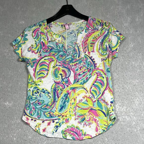 Lilly Pulitzer Shirt Womens Size XXS Blue, Green, Pink, Turquoise & White Linen - Picture 1 of 11